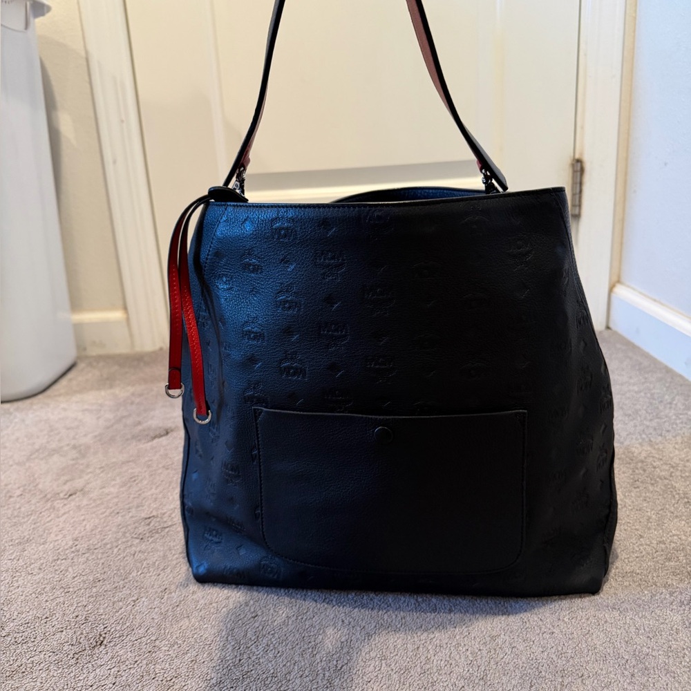 MCM Black Leather Shoulder Bag with Red Accents